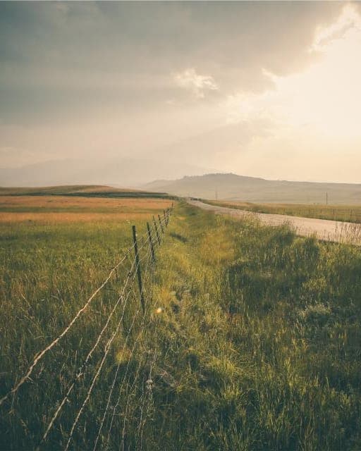 A country road and fence line stretching toward the sunrise.