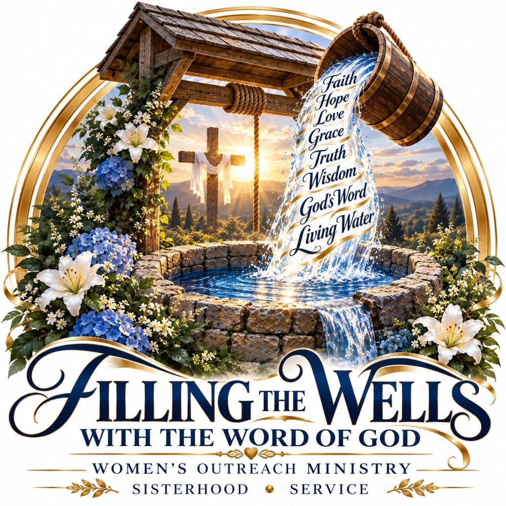 The Filling the Wells with the Word of God emblem: water pours from a bucket into a stone well, with a cross at sunrise and the words Faith, Hope, Love, Grace, Truth, Wisdom, God’s Word, and Living Water.